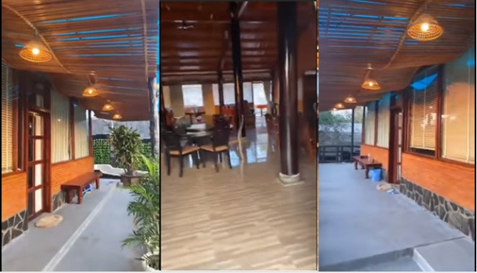 Toàn bộ nội thất trong nhà đều được làm bằng gỗ với rất nhiều bộ bàn ghế. Nguồn ảnh: FBNV, chụp màn hình