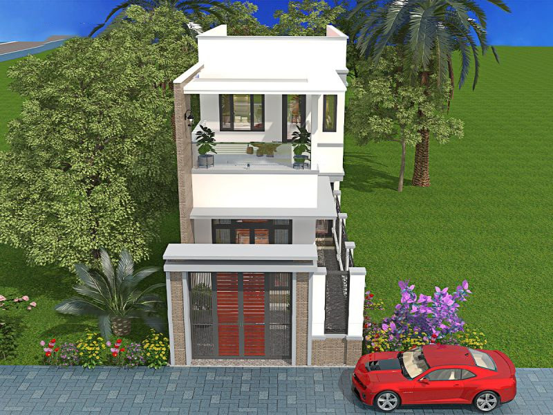 Nhìn từ trên cao mẫu nhà ống 2 tầng trông khá đơn giản và thoáng đãng nhờ hệ mái bằng hiện đại. Ảnh: Wedo