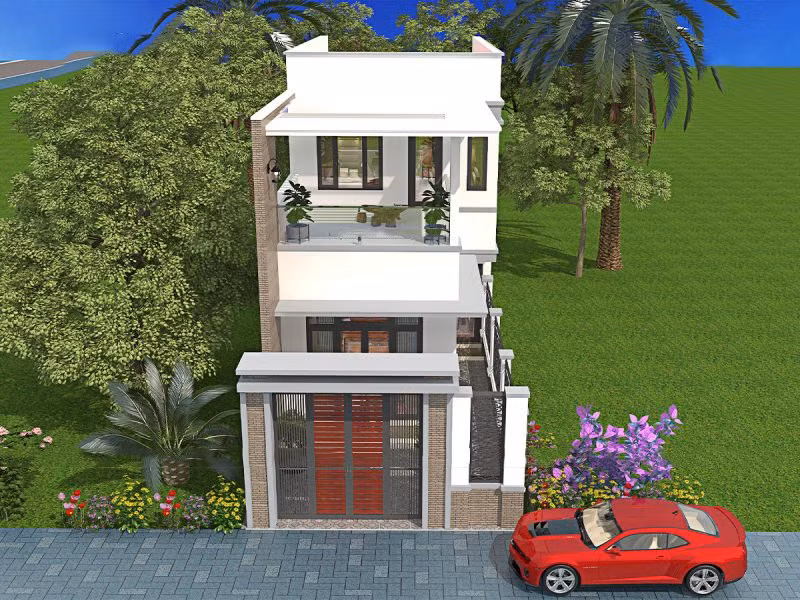 Nhìn từ trên cao mẫu nhà ống 2 tầng trông khá đơn giản và thoáng đãng nhờ hệ mái bằng hiện đại. Ảnh: Wedo