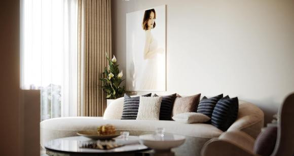 Căn nhà của bố mẹ Lan Phương có tông màu trắng, be, xám thanh lịch.