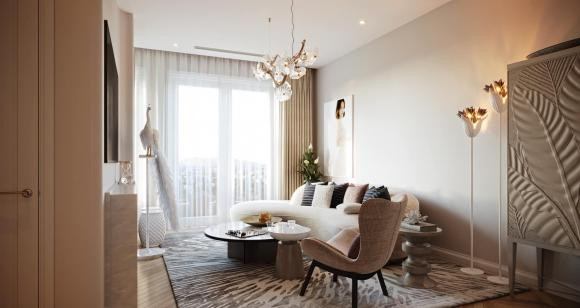 Nội thất mang hơi hướng châu Âu với ghế sofa và đèn chùm ở phòng khách.