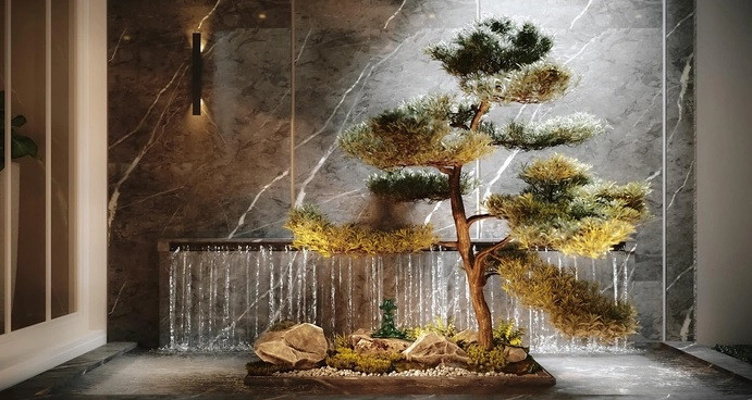 Lan Phương không quên tô điểm cho căn nhà bằng không gian cây xanh và bể nước độc đáo khu vực cửa ra vào. Nguồn ảnh: FBNV