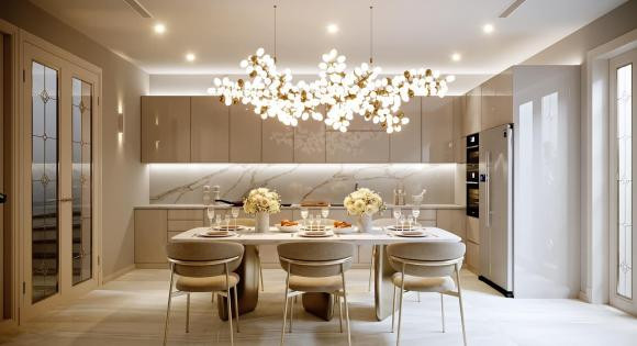 Phòng bếp theo xu hướng hiện đại với nội thất sang trọng.