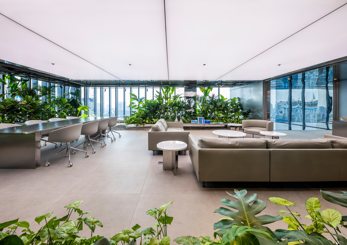 Không gian tiếp khách và phòng họp nằm giữa mảng vườn thiên nhiên.