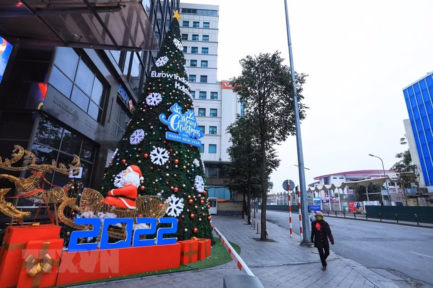 Một cây thông Noel chào đón năm mới trên phố Chùa Bộc. (Ảnh: Tuấn Anh/TTXVN)