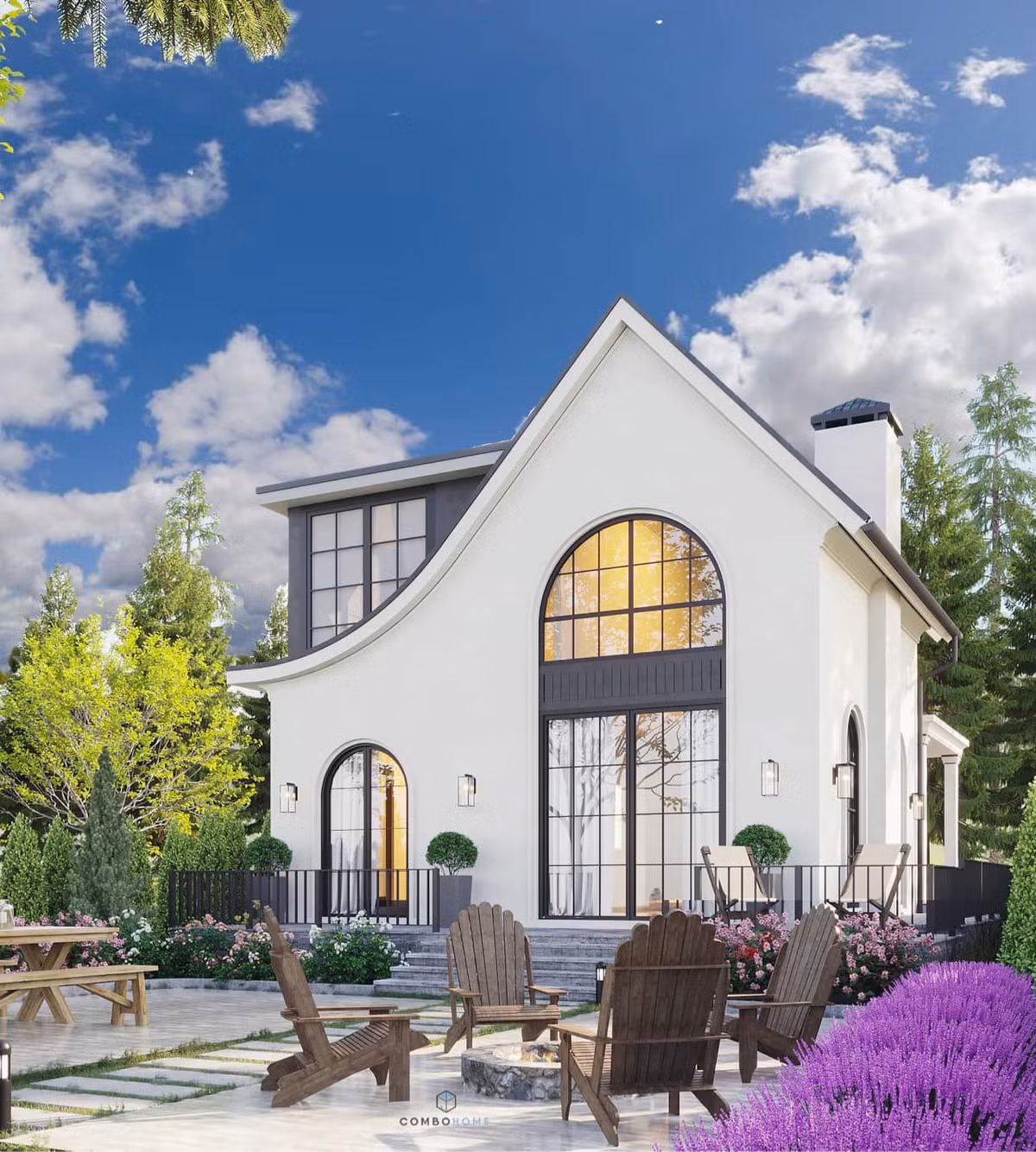 Khuôn viên sân vườn trồng nhiều hoa tươi, đặt bộ bàn ghế gỗ để thư giãn.