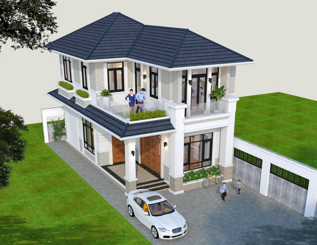 Mẫu nhà mái Nhật 2 tầng sử dụng gam màu trắng chủ đạo kết hợp cùng mái xanh mang đến sự cân đối cả về thị giác và tỉ lệ màu sắc. Ảnh: Wedo