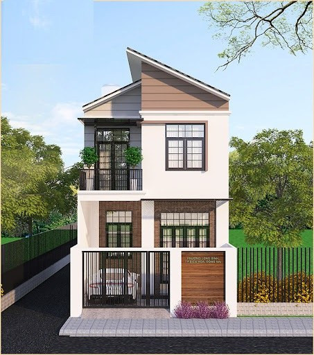 Mẫu thiết kế nhà 2 tầng mặt tiền 6m, có sân để ô tô. Phần mái được xây dựng hài hòa với kiến trúc mặt tiền tạo vẻ ngoài độc đáo. Ảnh: Wedo
