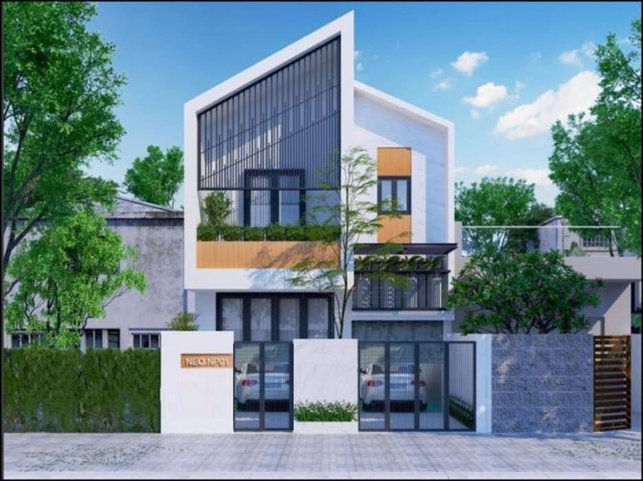 Căn nhà sử dụng sơn tông trắng hiện đại cùng hệ mái chéo độc đáo. Ảnh: Wedo