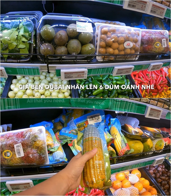 Theo Oanh Huỳnh, tại siêu thị ở Dubai gần như nông sản đều là hàng nhập khẩu, trừ cà chua, dưa leo là bà con nơi đây có thể tự trồng. Ảnh: Chụp màn hình YouTube Oanh Huỳnh