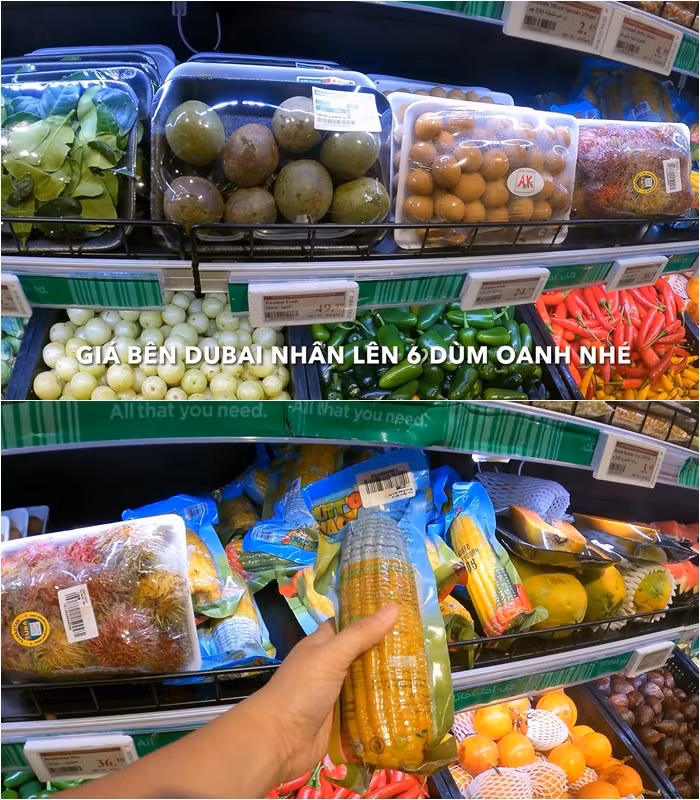 Theo Oanh Huỳnh, tại siêu thị ở Dubai gần như nông sản đều là hàng nhập khẩu, trừ cà chua, dưa leo là bà con nơi đây có thể tự trồng. Ảnh: Chụp màn hình YouTube Oanh Huỳnh