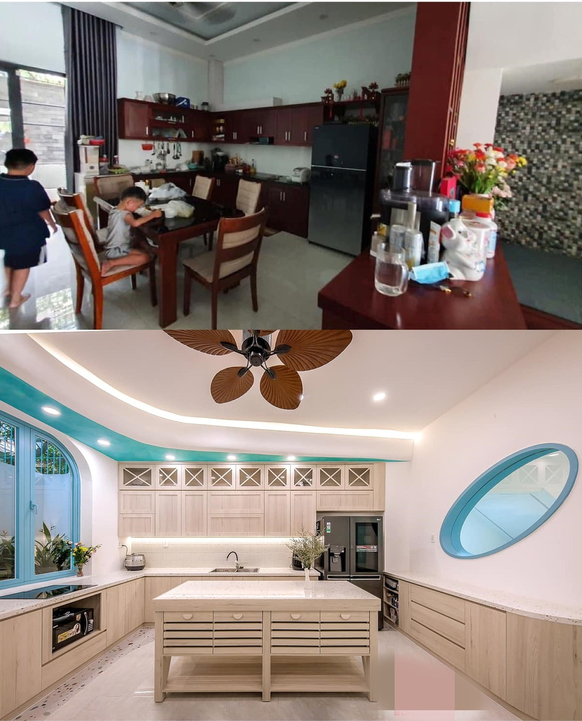 Phòng bếp lộn xộn ban đầu "lột xác" thành không gian mới hiện đại. Bàn đảo ốp đá terrazzo tạo điểm nhấn trang trí.