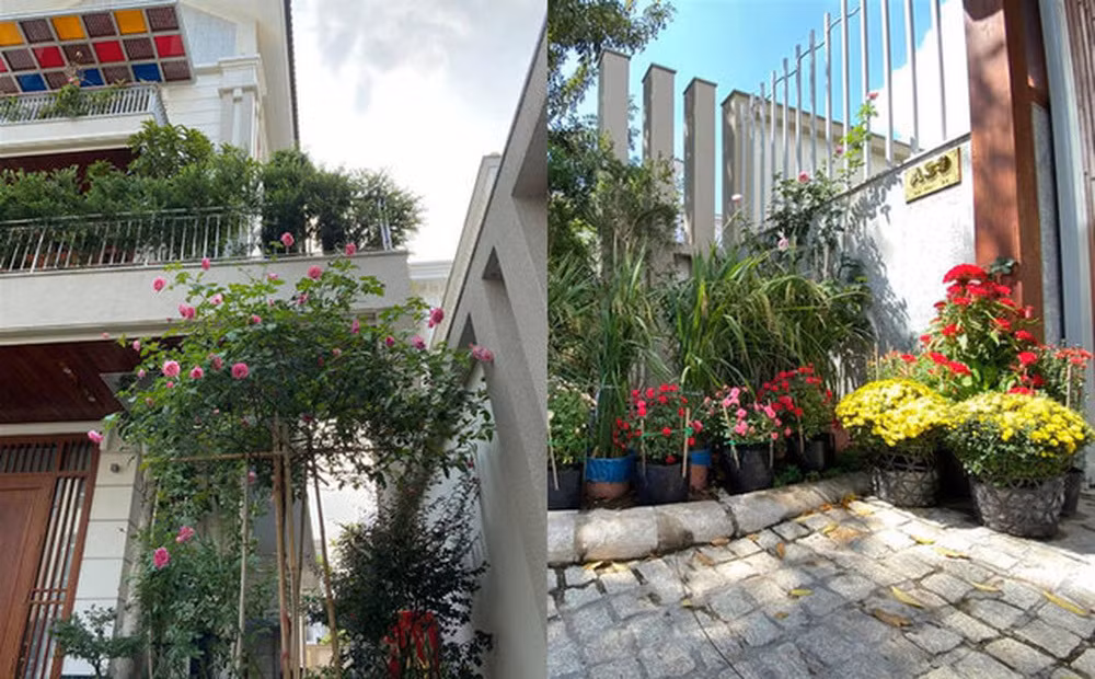 Căn biệt thự của Quý Bình có tông trắng và nâu chủ đạo. Trong nhà có khoảng sân vườn rộng rãi, hoa phủ kín lối đi. Ảnh: FB Quý Bình Lê