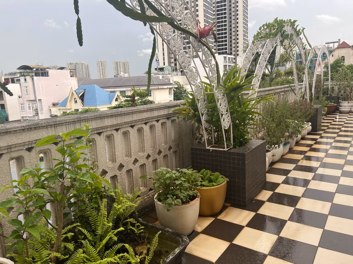 Trên sân thượng khoảng 200m2, Hoa hậu Đền Hùng 1992 trồng nhiều loại hoa, cây cảnh, rau xanh và cây ăn trái.