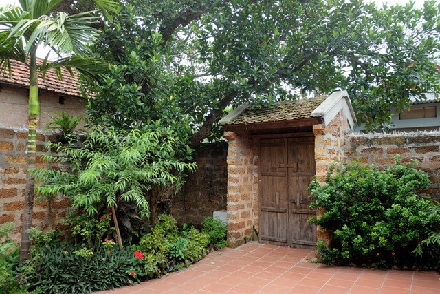 Lối vào nhà giống như cổng làng thu nhỏ với mái lợp ngói và cây mít vài chục năm tuổi. Ảnh: Dân trí