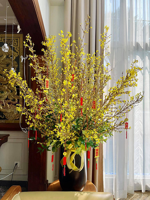 Không chỉ có mai ta, Bảo Thy còn decor không gian phòng khách ngày Tết bằng bình mai Mỹ lớn.