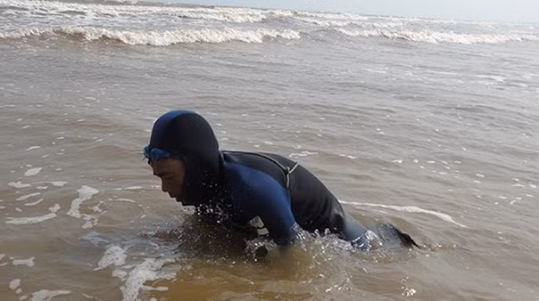 Để săn rum biển, ngư dân phải ngâm mình dưới nước nhiều tiếng đồng hồ. Con rum biển nào càng ở dưới sâu thì càng quý hiếm và có giá bán rất đắt. Ảnh: Báo Nghệ An