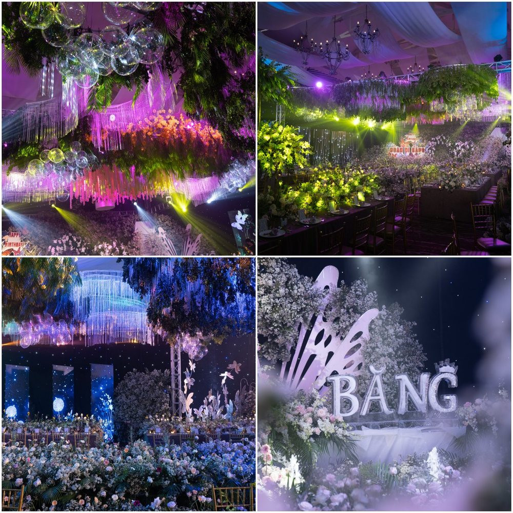 Không gian bữa tiệc sinh nhật được thiết kế như một khu rừng thơ mộng với 4 tấn hoa tươi, trang trí nhiều đá quý, kim cương. Ảnh: Đoàn Di Băng
