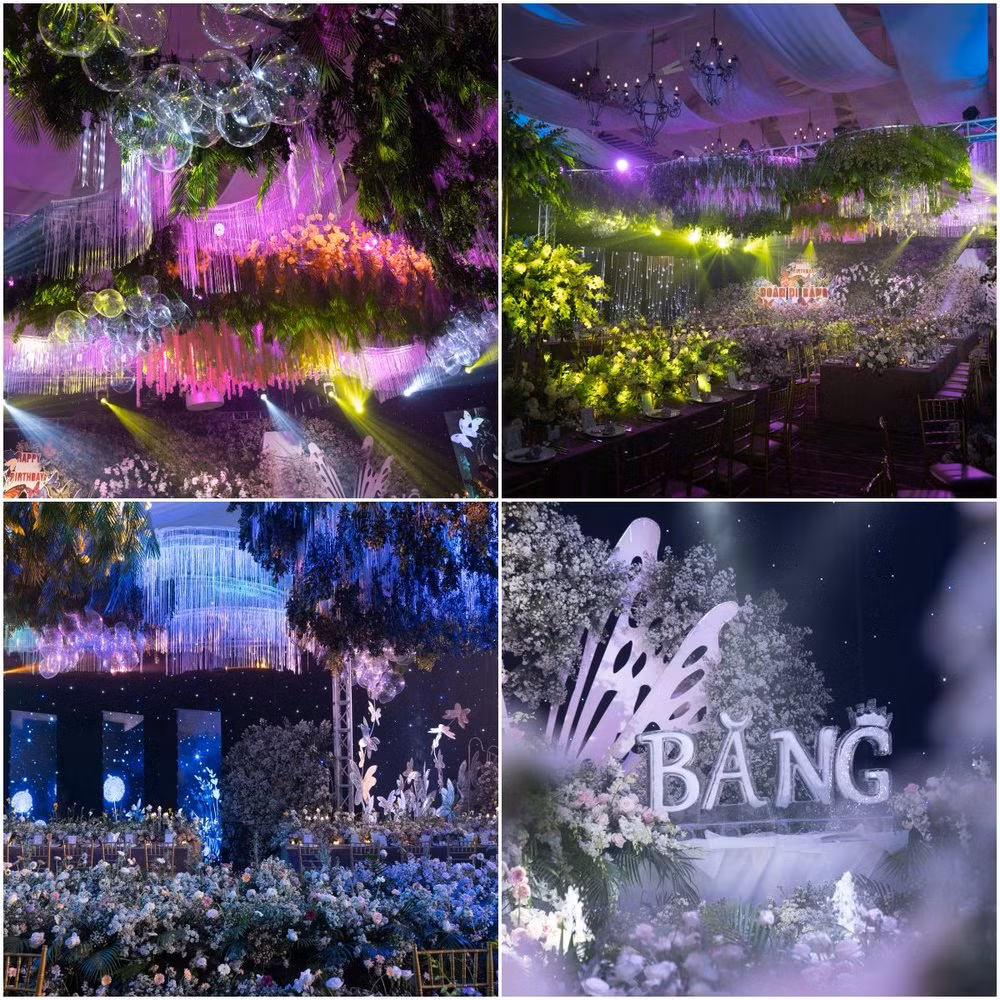 Không gian bữa tiệc sinh nhật được thiết kế như một khu rừng thơ mộng với 4 tấn hoa tươi, trang trí nhiều đá quý, kim cương. Ảnh: Đoàn Di Băng