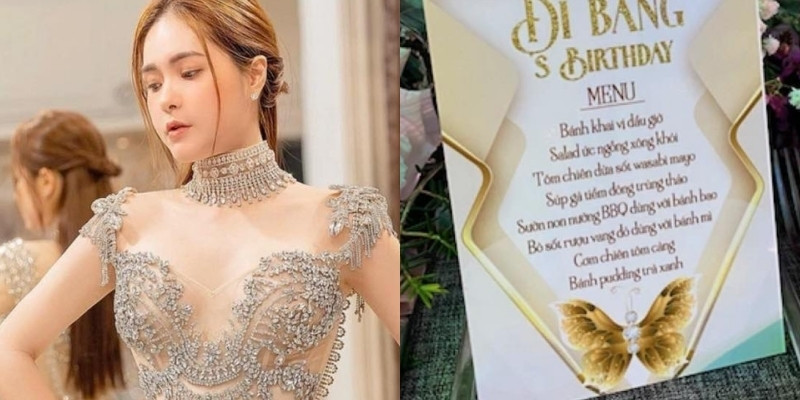 Thực đơn chiêu đãi khách đều là những món ăn đắt đỏ, chuẩn "sơn hào hải vị" như salad ức ngỗng xông khói, tôm chiên, súp gà tiềm đông trùng thảo...Ảnh: Facebook Chim lợn showbiz.