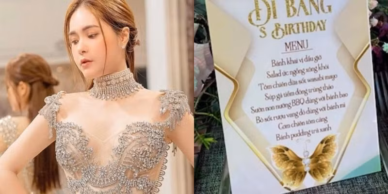 Thực đơn chiêu đãi khách đều là những món ăn đắt đỏ, chuẩn "sơn hào hải vị" như salad ức ngỗng xông khói, tôm chiên, súp gà tiềm đông trùng thảo...Ảnh: Facebook Chim lợn showbiz.