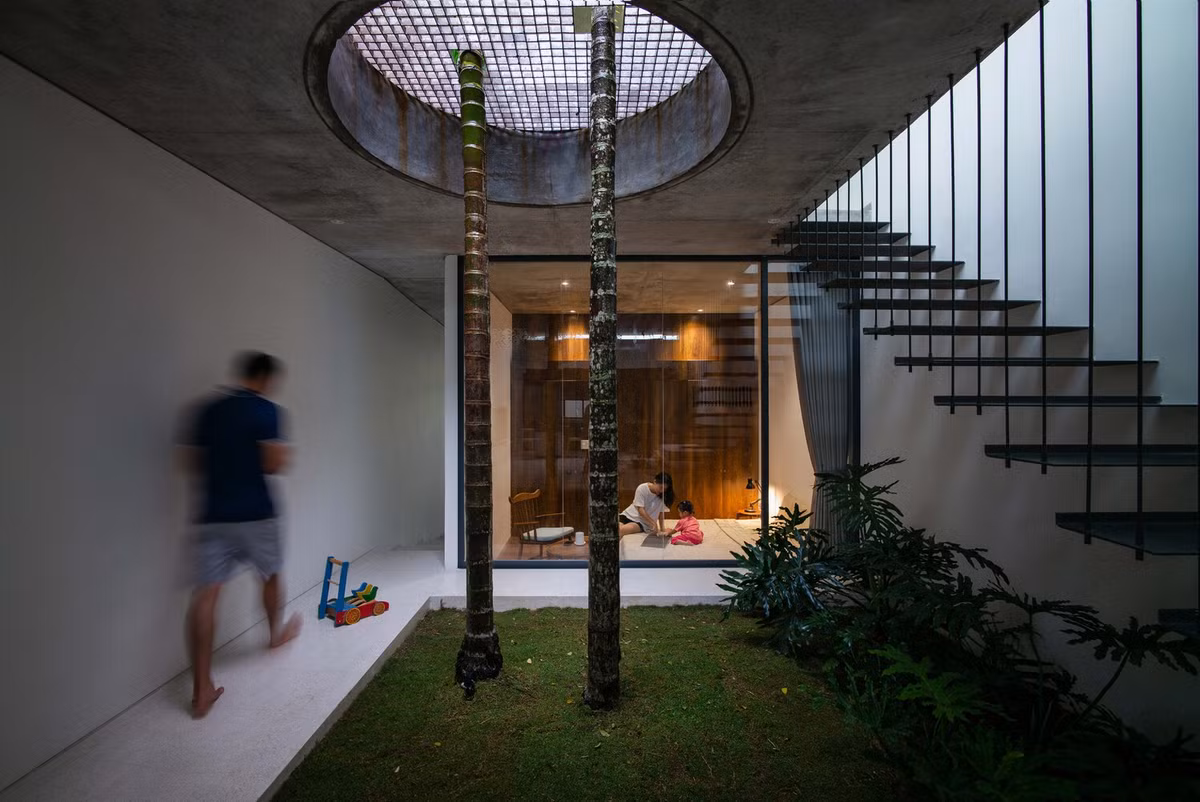 Điểm nổi bật của căn nhà là khoảng sân vườn trên mái phía sau và hai cây cau với chiều cao xuyên suốt 3 tầng.