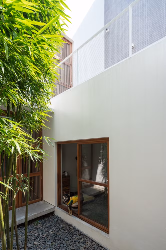 Bốn khối công năng và ba khoảng sân được gói gọn trong hệ thống tường bao cao 9 m tối giản với các ô cửa sổ.