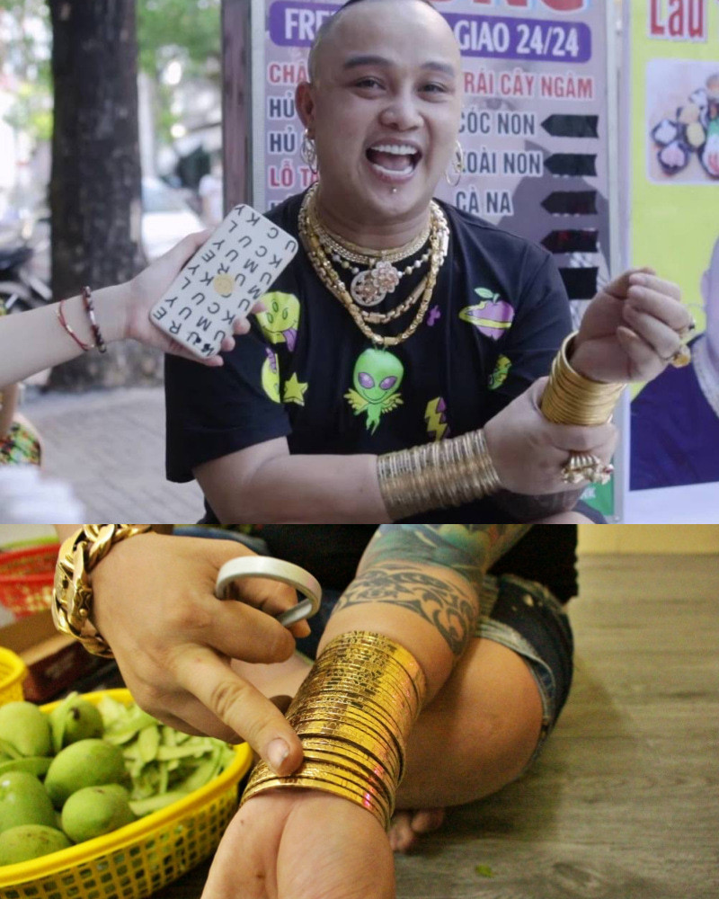 Anh Đỗ Ngọc Thuận (34 tuổi, còn được gọi là Bảy Bóng) - ông chủ của một quán ăn vặt ở TP HCM được nhiều người biết đến vì trên người đeo hơn 100 lượng vàng. Ảnh: Vietnamnet