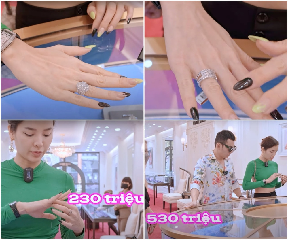 Mới đây, kênh YouTube cá nhân của Lý Bình đăng tải clip buổi thử và mua nhẫn cưới. Cặp đôi đã lựa rất nhiều mẫu nhẫn có giá dao động từ 40 triệu đến gần 600 triệu. Ảnh: Yan