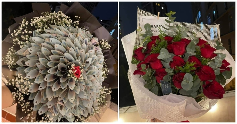 Dịp 20/10, Lý Bình khiến hội chị em "đứng ngồi không yên" khi dành tặng Phương Trinh Jolie bó hoa toàn "mùi tiền". Ảnh: FBNV