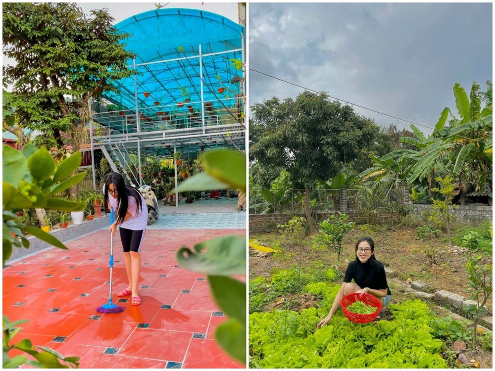 Ngoài khoảng sân rộng, căn nhà của Đỗ Thị Hà còn có vườn rau xanh mướt. Ảnh; FBNV