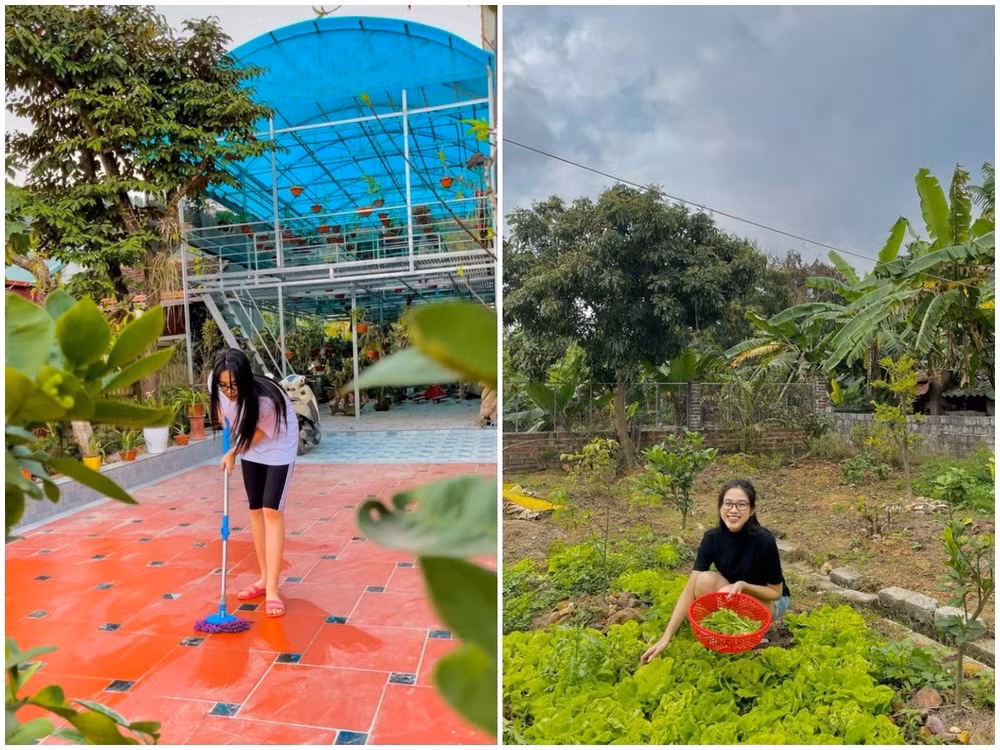 Ngoài khoảng sân rộng, căn nhà của Đỗ Thị Hà còn có vườn rau xanh mướt. Ảnh; FBNV