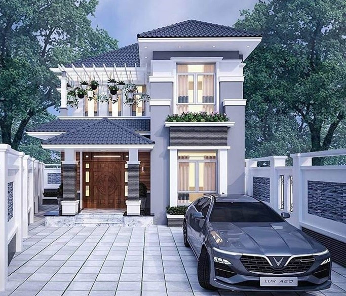 Mẫu nhà 2 tầng 8x15m thiết kế đơn giản kết hợp hệ mái kiểu Nhật với độ dốc không cao nhưng vẫn có sức hút độc đáo. Ảnh: Wedo