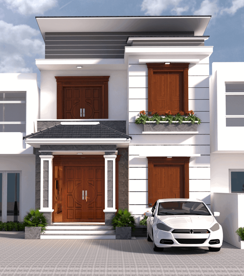 Nhờ hệ mái bằng gọn gàng và cửa gỗ tự nhiên lớn ở sảnh chính, ngôi nhà toát lên vẻ đẹp sang trọng và tinh tế. Ảnh: Wedo