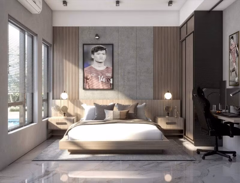 Phòng riêng của Hoàng Đức sử dụng chủ yếu các chất liệu gỗ éᴘ với gam màu trung tính. Ảnh: FBNV