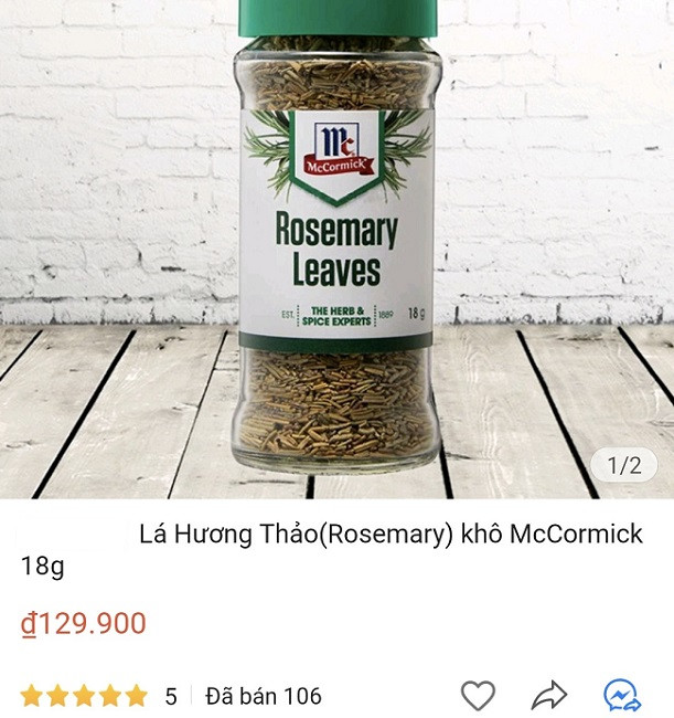 Một lọ hương thảo sấy khô nhập khẩu từ Mỹ, trọng lượng 18g có giá 129.000 đồng, tương đương hơn 7 triệu đồng/kg. Ảnh chụp màn hình