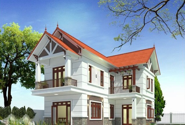 Nhà 2 tầng mái tôn màu đỏ tươi bắt mắt có chi phí khoảng 800 triệu. Ảnh: Thietkenhadepmoi