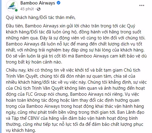 Vu ong Trinh Van Quyet khong anh huong den hoat dong cua Bamboo Airways