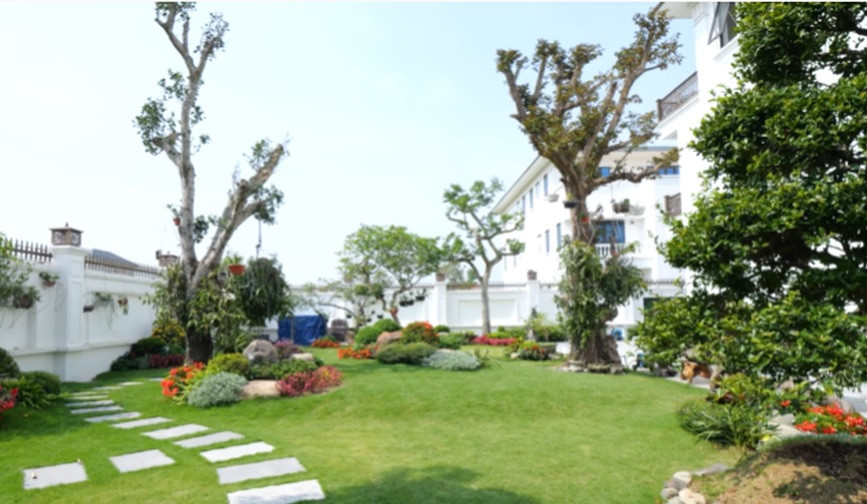 Chủ nhân của căn biệt thự cho biết, cảnh quan xung quanh sân vườn rộng rãi là do chị muốn dành để viết lên một câu chuyện về niềm đam mê một loài hoa của hai vợ chồng.