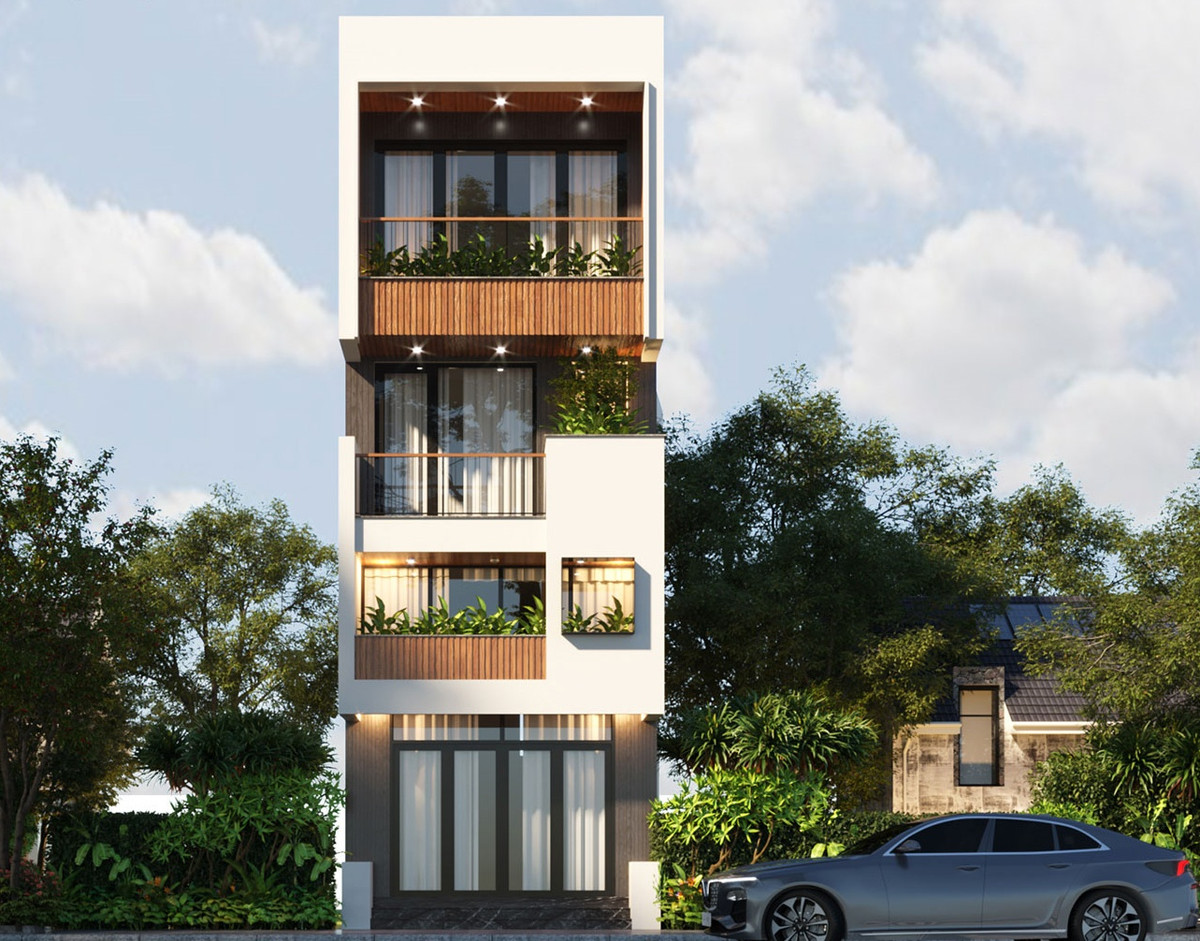 Lối kiến trúc “vuông thành, sắc cạnh” kết hợp hài hòa về màu sắc làm nổi bật không gian ngoại thất cho nhà phố 3 tầng có gác lửng. Ảnh: Thietkethicongnhadep