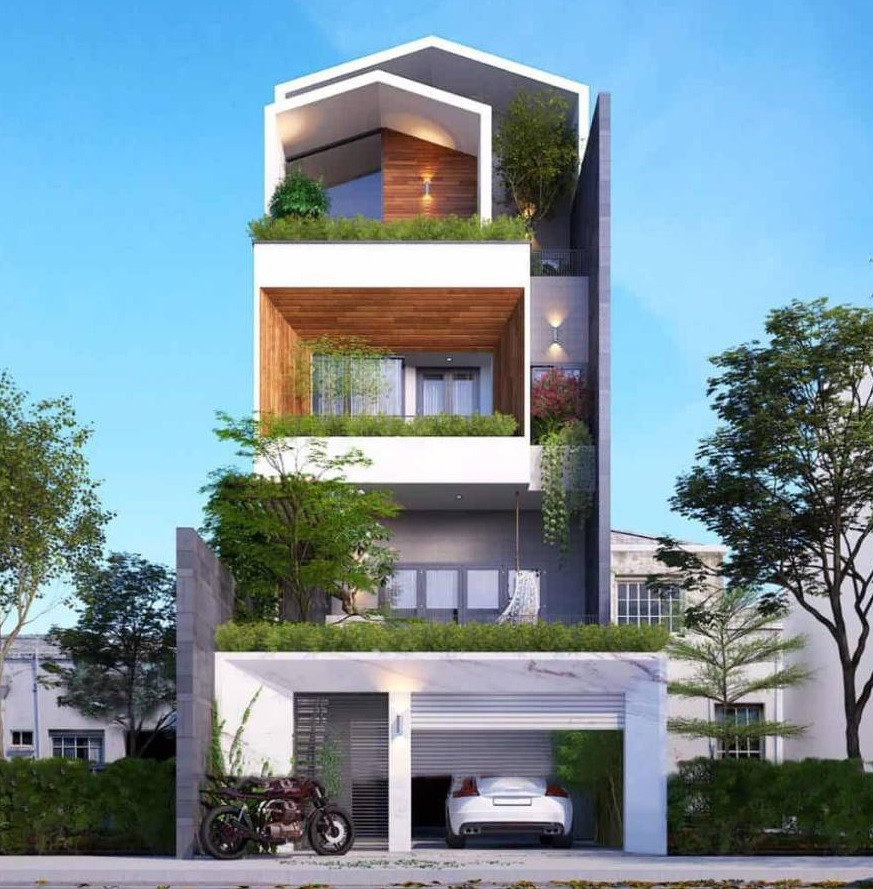 Để tạo không gian xanh mát, nhà phố được bao phủ hoàn toàn bằng cây xanh từ cổng lên đến tầng 3. Ảnh: Brocons