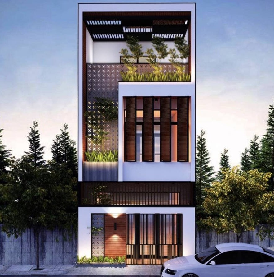 Nét độc đáo của ngôi nhà nằm ở cách sử dụng 2 gam màu chính trắng, nâu gỗ và nhấn nhá bằng viền đen. Ảnh: Brocons