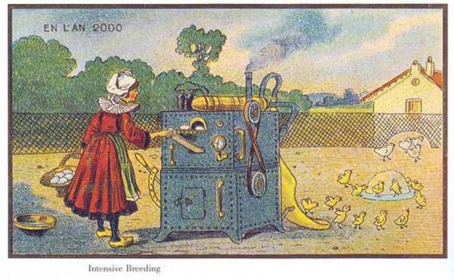 Bức tranh "Nhân giống quy mô lớn" mô tả cảnh một người phụ nữ tay xách rổ trứng, tay đặt từng quả vào một chiếc máy ấp tự động. Phía bên kia chiếc máy, từng con gà mới nở nhảy ra ngoài. "Tiên đoán" này của họa sĩ đưa ra gần 100 năm trước đã trở thành hiện thực.