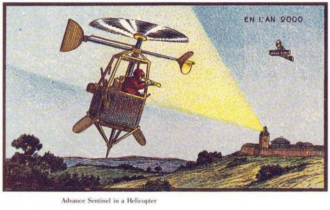 "Canh gác từ xa bằng trực thăng" được các họa sĩ khắc họa khung cảnh trong tương lai: một người lính ngồi trên thiết bị bay gắn cánh quạt. Người này dùng ống nhòm để quan sát, canh gác vùng trời, kịp thời phát hiện các cuộc tấn công của kẻ địch.