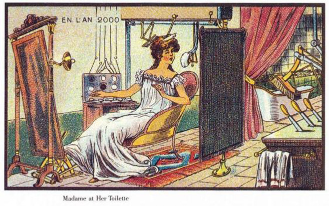 Bức tranh "Quý cô trong phòng tắm" khắc họa hình ảnh một cô gái xinh đẹp ngồi trong phòng tắm và tận hưởng các dịch vụ tự động thú vị như chải tóc, đánh phấn...