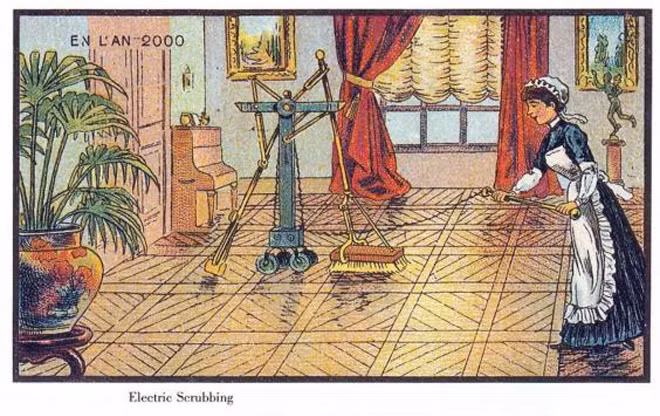 Họa sĩ Jean-Marc Côté và các đồng nghiệp thực hiện loạt tranh "Nước Pháp năm 2000" trong thời gian từ 1899 - 1910. Sau đó, bộ sưu tập này được trưng bày trong Triển lãm Thế giới ở Paris. Qua đó, công chúng không khỏi bất ngờ khi họ đã " tiên tri" chính xác một số phát minh sẽ xuất hiện vào khoảng 100 năm sau. Trong ảnh là người phụ nữ dọn dẹp nhà cửa bằng máy móc. Ngày nay, con người đã phát minh ra các thiết bị như máy hút bụi giúp công việc dọn dẹp nhà cửa trở nên dễ dàng, thuận tiện hơn.