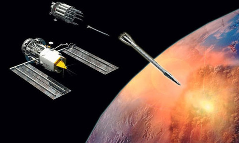 Hệ thống bắn phá quỹ đạo đã được hình thành với những thanh vonfram làm vũ khí trên các vệ tinh trôi nổi ngoài không gian, chúng cũng có thể được thay thế bằng các loại vũ khí động năng khác với nguyên liệu cứng cáp để xuyên thủng được tầng khí quyển và hướng đến mục tiêu. Nguồn ảnh: Express.