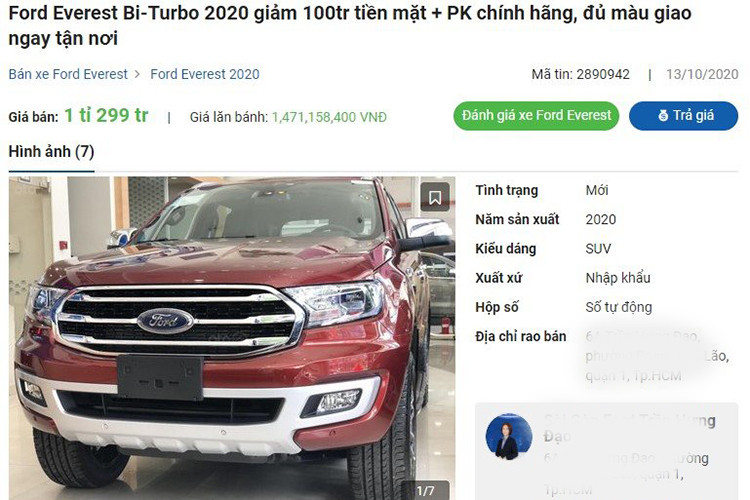 Theo khảo sát, một đại lý Ford tại TP. HCM hiện đang giảm giá Ford Everest 2020 bản Titanium 2.0L AT 4WD với mức niêm yết hiện còn 1,299 tỷ đồng, tức giảm 100 triệu đồng so với giá niêm yết, đồng thời tặng 80 triệu đồng phụ kiện chính hãng. 