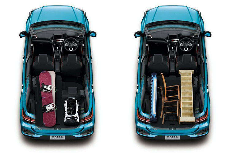 Ngoài ra, cửa gió điều hòa nằm ngang, bảng đồng hồ kỹ thuật số sau vô lăng với màn hình TFT LCD 7 inch, bảng đồng hồ kỹ thuật số sẽ có 4 chế độ hiển thị là Advanced, Exciting, Simple và Analog... Đằng sau hàng ghế thứ hai của Toyota Raize 2020 là cốp có thể tích 369 lít. Trang bị an toàn như phanh khẩn cấp tự động với tính năng phát hiện người đi bộ, kiểm soát hành trình thích ứng mọi tốc độ và hỗ trợ đỗ xe.