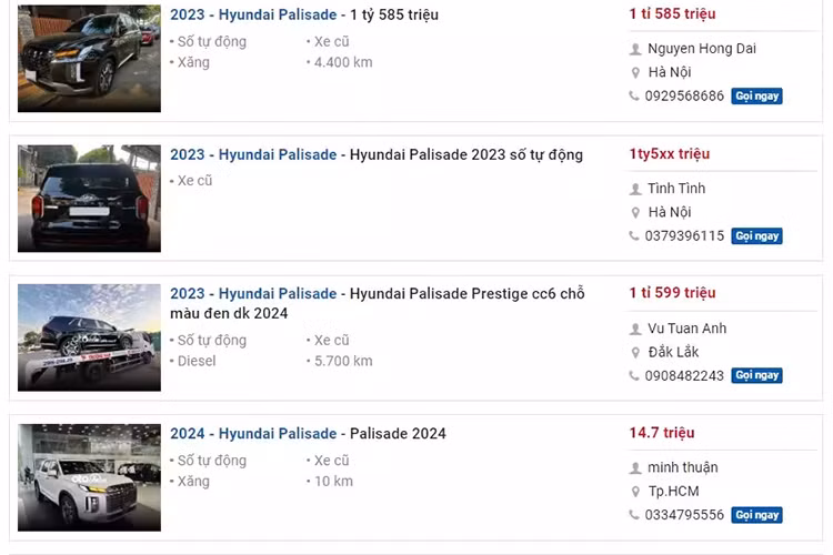 Sau khoảng nửa năm ra mắt, những chiếc Hyundai Palisade chạy lướt đầu tiên có mặt trên sàn xe cũ. Cụ thể, Hyundai Palisade Prestige bản 6 chỗ đã qua sử dụng đang được định giá quanh mốc 1,585 - 1,6 tỷ đồng, tùy vào chất lượng, phiên bản và nơi ra biển.